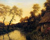French Canvas Paintings - A French River Landscape At Sunset